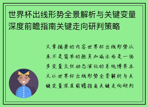 世界杯出线形势全景解析与关键变量深度前瞻指南关键走向研判策略